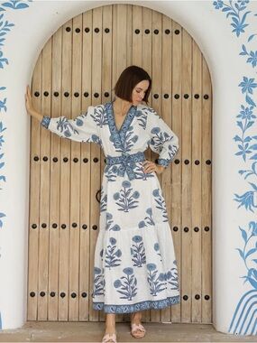 Madison Marigold European Linen Floral Maxi Dress - White with Green Print XS